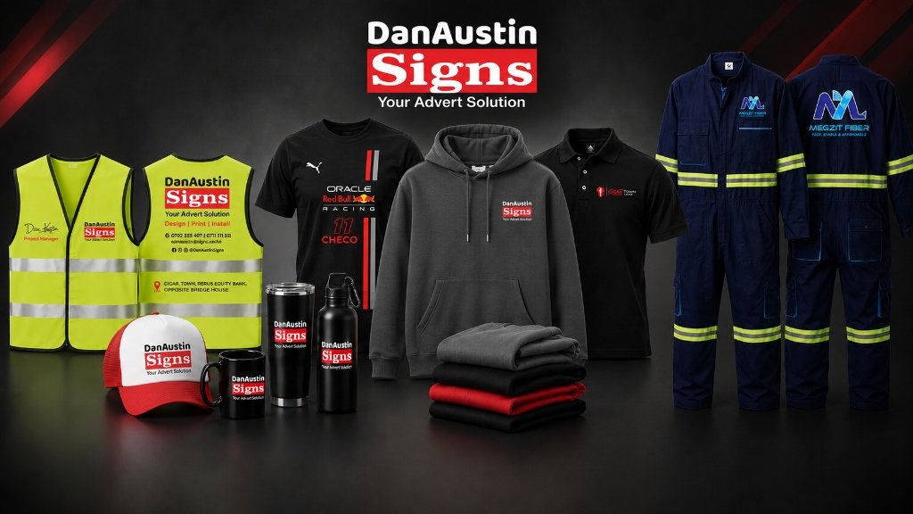 DanAustin Signs custom merchandise, custom apparel, reflector jackets, and flex banner printing in Gilgil, Kenya